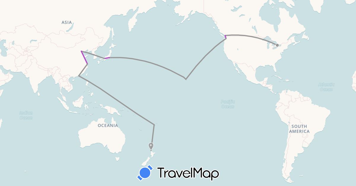 TravelMap itinerary: driving, plane, train in Canada, China, Fiji, Japan, South Korea, New Zealand, United States (Asia, North America, Oceania)