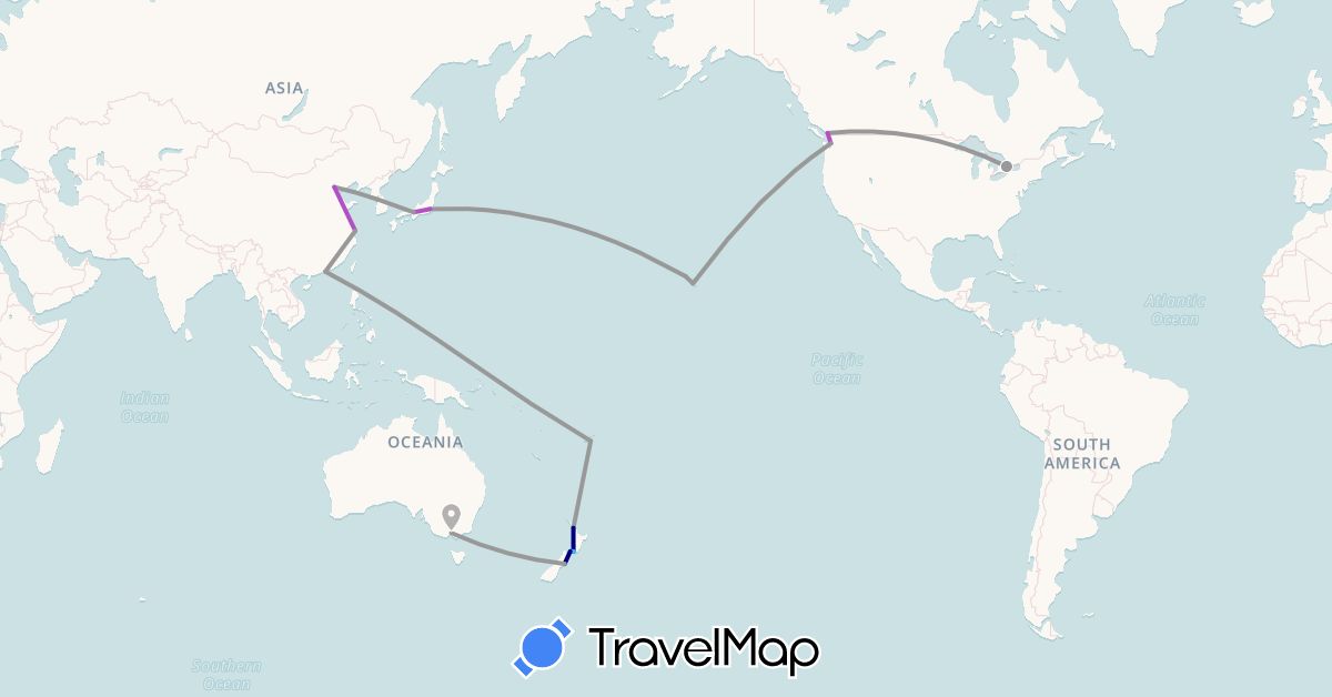 TravelMap itinerary: driving, plane, train, boat in Australia, Canada, China, Fiji, Japan, South Korea, New Zealand, United States (Asia, North America, Oceania)